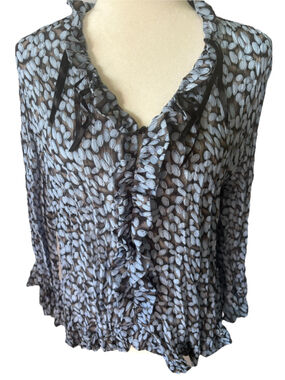 Dressbarn Chiffon Blouse Women's Brown Blue Ruffle Bow V-Neck Long Sleeve L